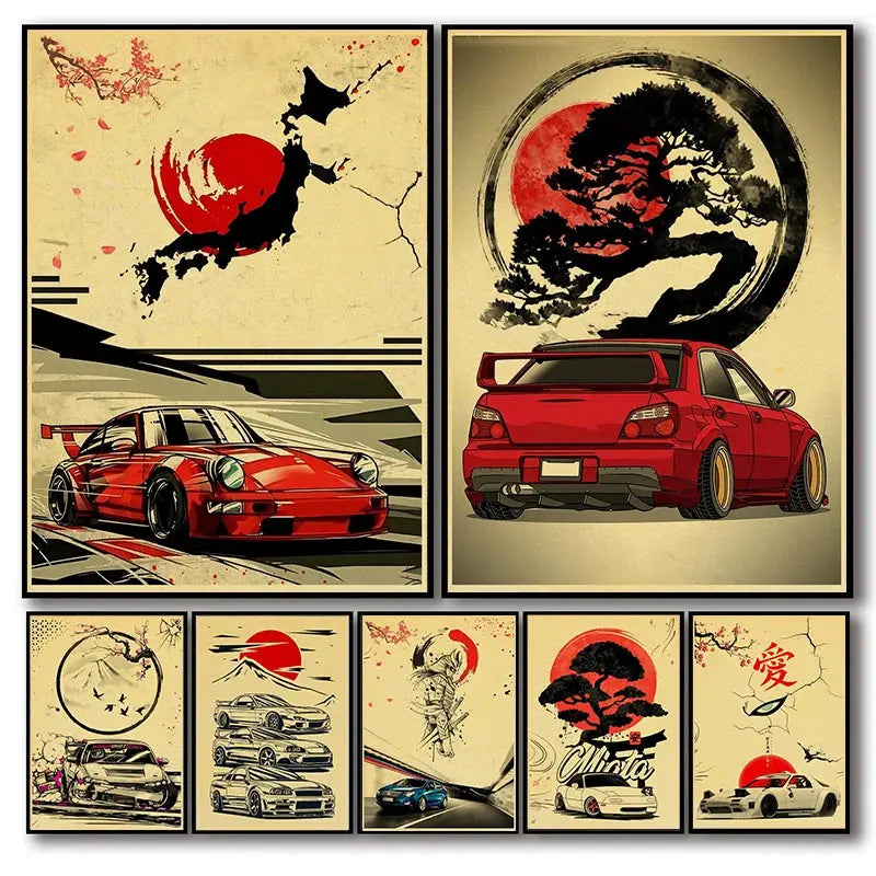 Japanese Cars Samurai Poster Painting Japan Racing Home Club Decor Wall Picture Vintage Aesthetic Jdm Car Gtr Anime Moon Printis June Wall Art