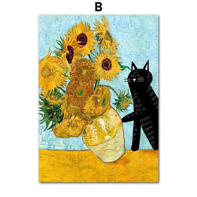 Funny Art Matisse Monet Black Cat Van Gogh Sunflowers Canvas Painting Posters and Prints Wall Pictures for Living Room Decor June Wall Art