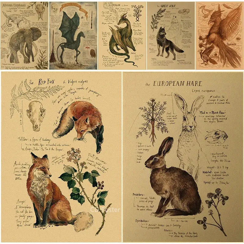 Natural Study Red Fox/Dragon/Elephant/Phoenix/Thestral/Wolf/Hare Poster Prints Kraft Paper Vintage Home Room Decor Wall Painting June Wall Art