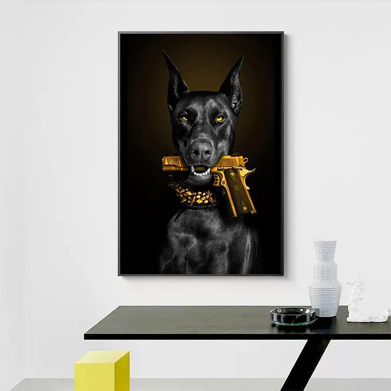 Fashion Black Doberman Dog Lion With A Pistol Poster Canvas Painting Luxury Animal Wall Art Picture For Living Room Home Decor June Wall Art