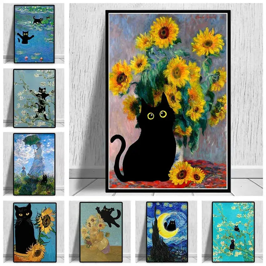 Funny Black Cat Wall Art Van Gogh Starry Night Poster Abstract Famous Reproduction Canvas Painting Aesthetic Room Home Decor June Wall Art