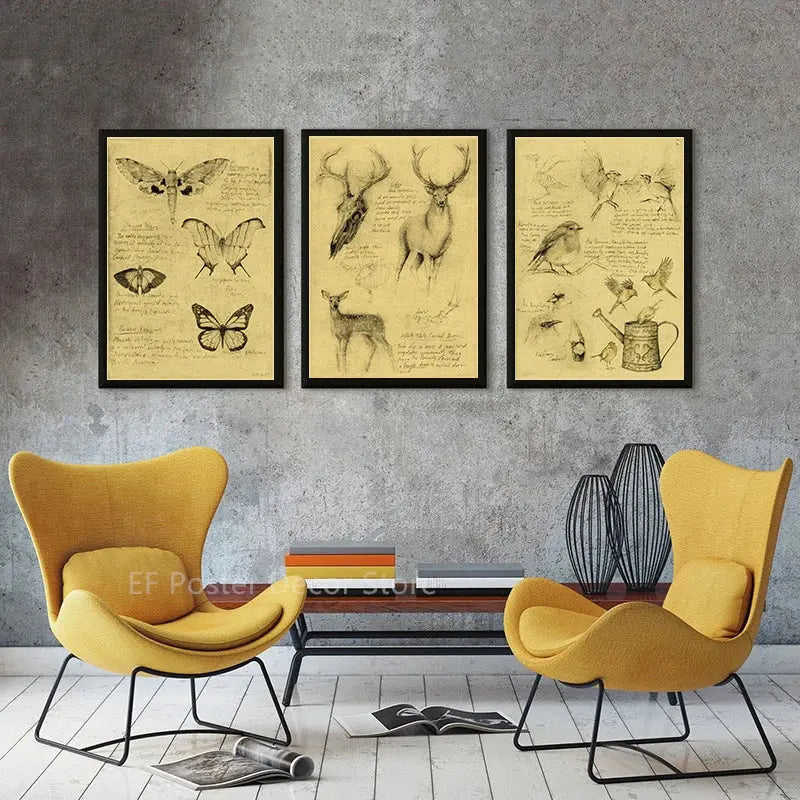 Old Sketch Studies Poster Vulpes/Skeleton Home Room Medical Club Decor Painting Plants Butterfly Vintage Prints Art Wall Picture June Wall Art