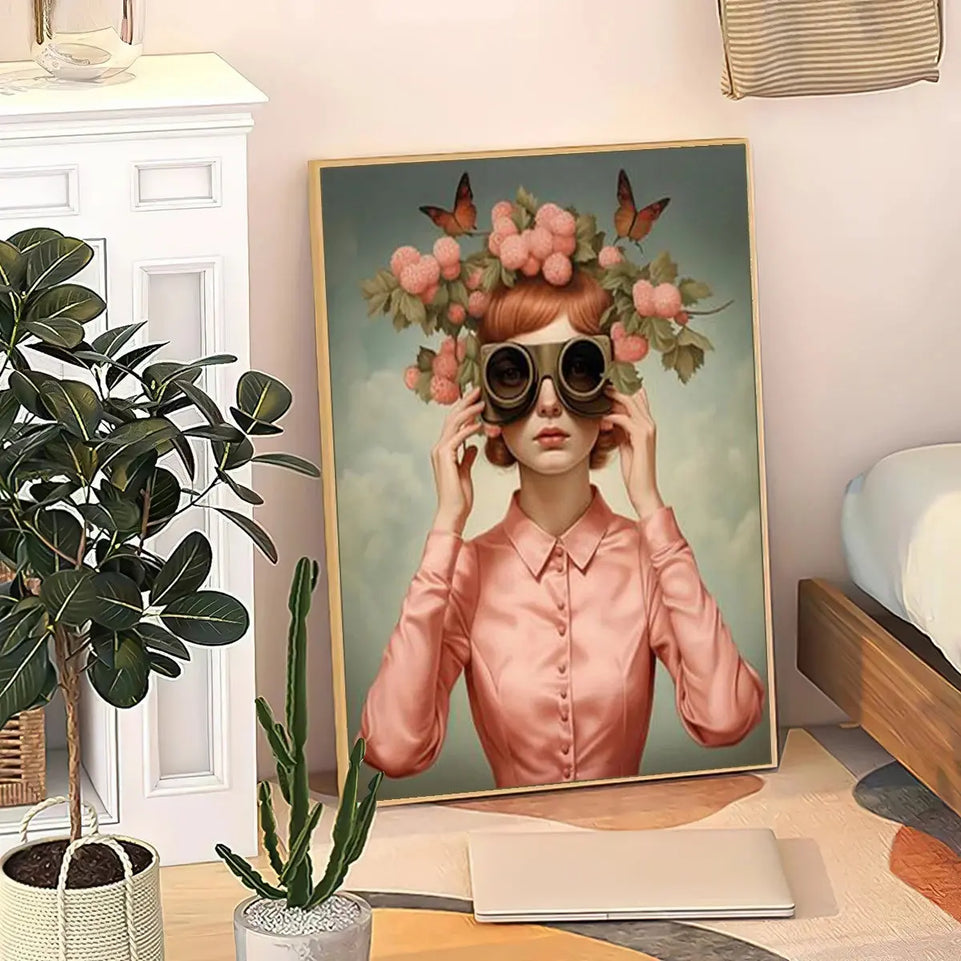 Nordic Boho Fashion Glasses Woman With Flowers Wall Art Canvas Painting Butterfly With Girl Portrait Poster Prints Mural Picture June Wall Art