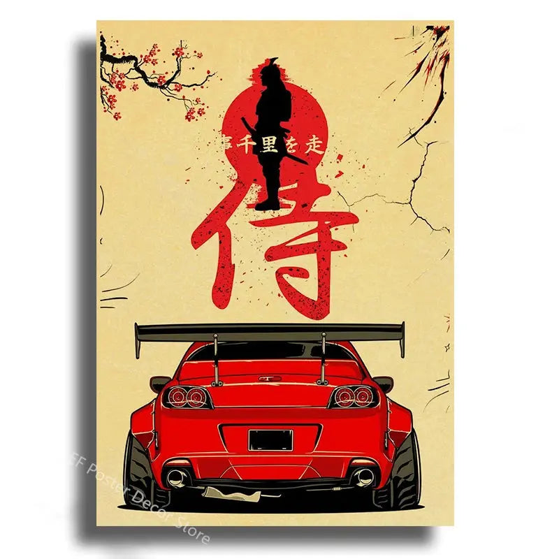 Japanese Cars Samurai Poster Painting Japan Racing Home Club Decor Wall Picture Vintage Aesthetic Jdm Car Gtr Anime Moon Printis June Wall Art