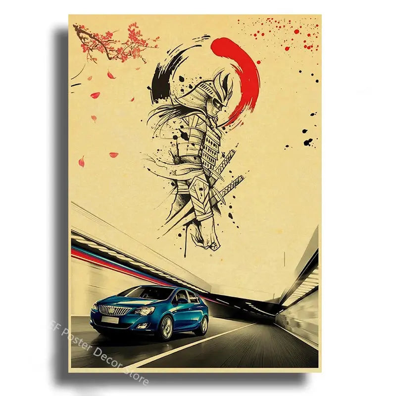 Japanese Cars Samurai Poster Painting Japan Racing Home Club Decor Wall Picture Vintage Aesthetic Jdm Car Gtr Anime Moon Printis June Wall Art