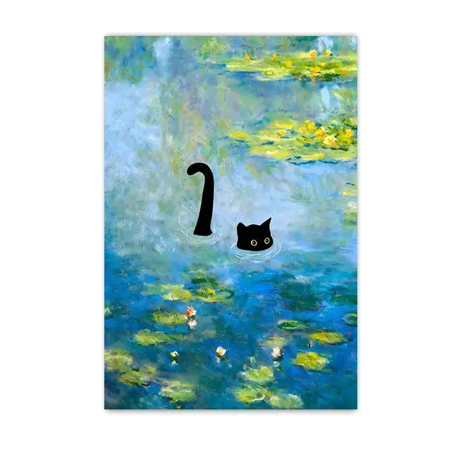 Funny Black Cat Wall Art Van Gogh Starry Night Poster Abstract Famous Reproduction Canvas Painting Aesthetic Room Home Decor June Wall Art