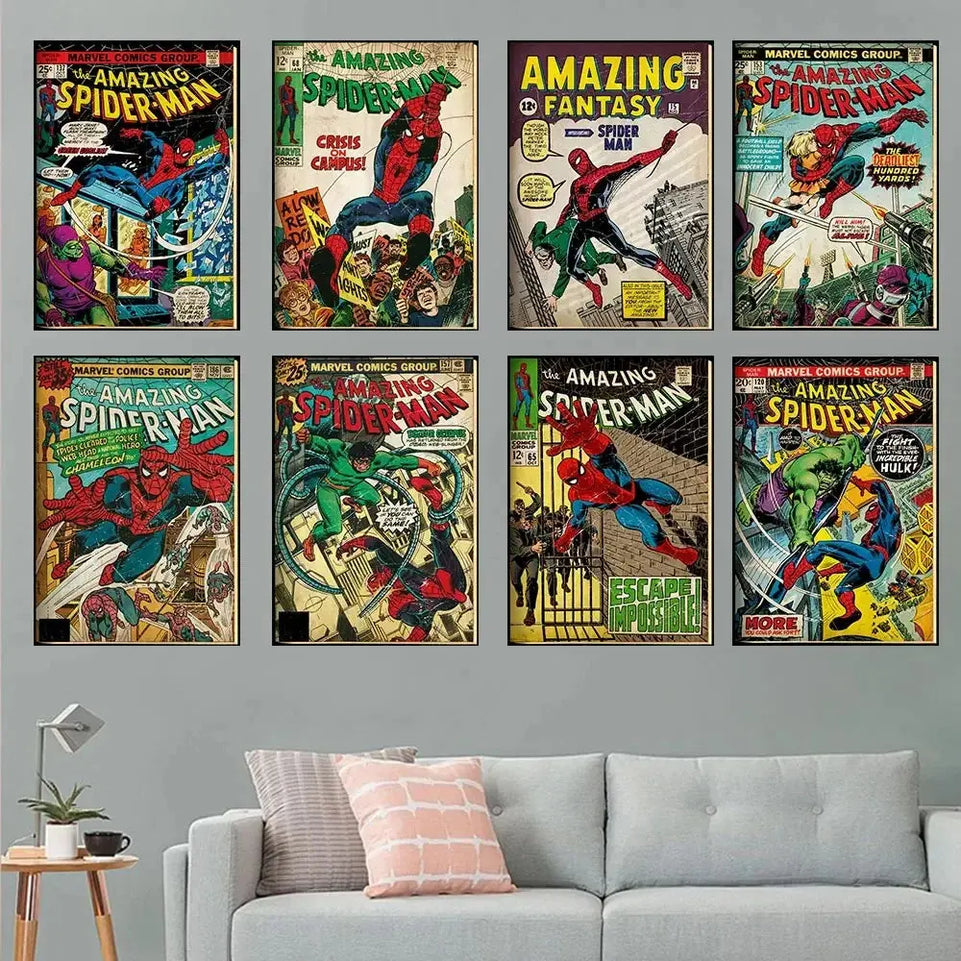 Vintage Comics Superhero Marvel Spiderman Posters and Prints Canvas Painting Wall Art Decoration Pictures for Boy Bedroom Decor June Wall Art