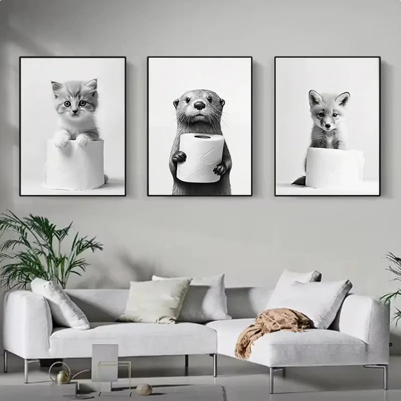 Cute Animals Toilet Paper Living Room Murals Wall Art Poster Otter Cat Tiger Canvas Painting Funny Bathroom Bathroom Home Decor June Wall Art