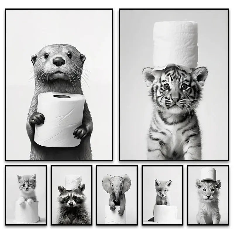 Cute Animals Toilet Paper Living Room Murals Wall Art Poster Otter Cat Tiger Canvas Painting Funny Bathroom Bathroom Home Decor June Wall Art
