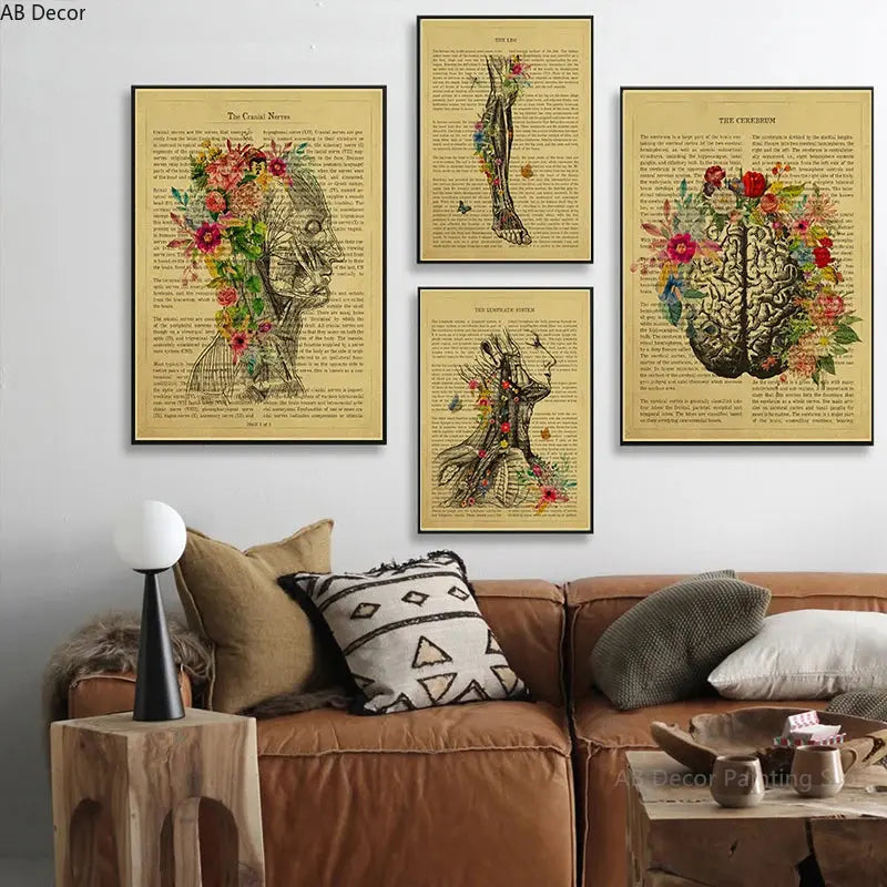 Human Heart/Lungs/Thorax/Cerebrum Anatomy with Flower and Description Posters Prints Retro Home Medical Decor Art Wall Painting June Wall Art