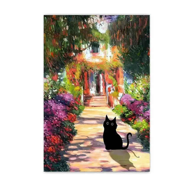 Funny Black Cat Wall Art Van Gogh Starry Night Poster Abstract Famous Reproduction Canvas Painting Aesthetic Room Home Decor June Wall Art
