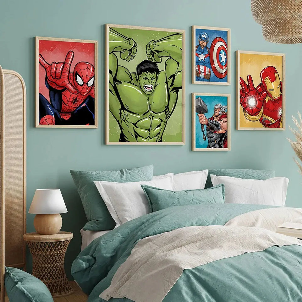 MINISO Poster Marvel Canvas Wall Art Print Mural Spider-Man Iron Man Captain America Cartoon Poster Home Decor Gift for Friends June Wall Art