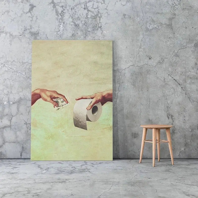 Retro Hand of God and Adam Funny Toilet Paper Picture Canvas Painting Poster For Wash Room Bathroom Living Wall Art Home Decor June Wall Art