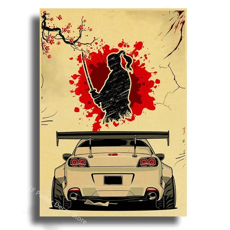 Japanese Cars Samurai Poster Painting Japan Racing Home Club Decor Wall Picture Vintage Aesthetic Jdm Car Gtr Anime Moon Printis June Wall Art
