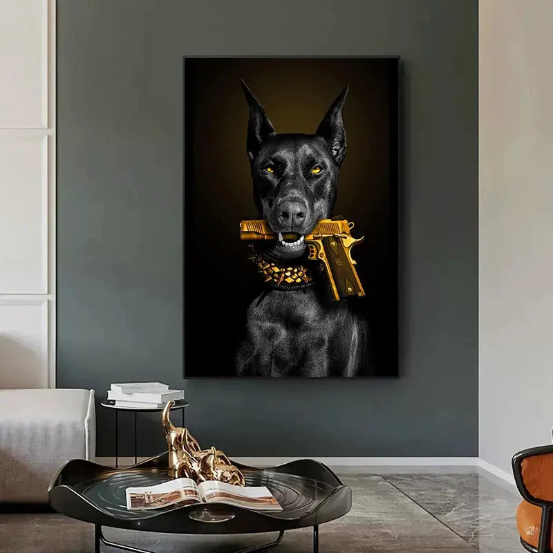 Fashion Black Doberman Dog Lion With A Pistol Poster Canvas Painting Luxury Animal Wall Art Picture For Living Room Home Decor June Wall Art