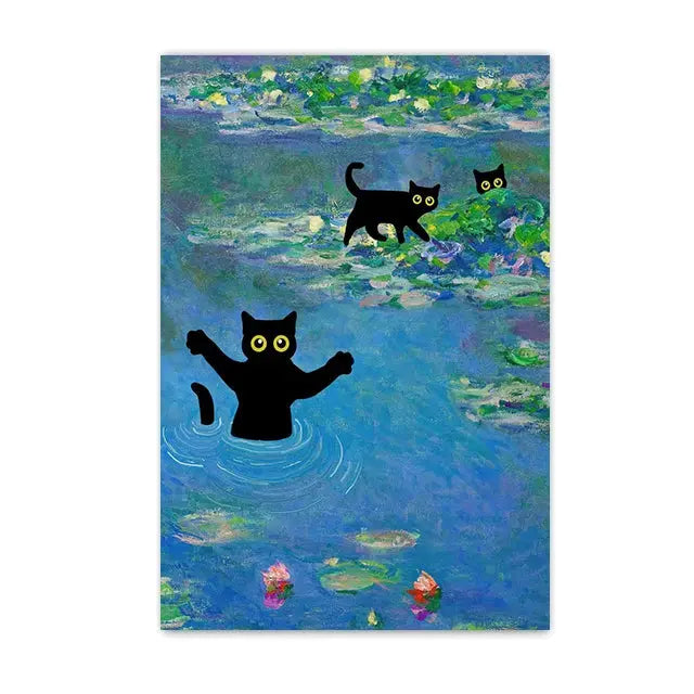 Funny Black Cat Wall Art Van Gogh Starry Night Poster Abstract Famous Reproduction Canvas Painting Aesthetic Room Home Decor June Wall Art