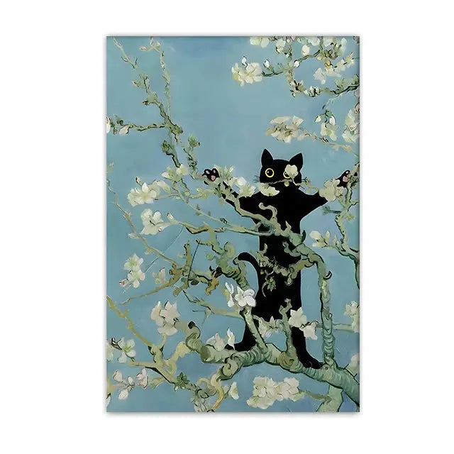 Funny Black Cat Wall Art Van Gogh Starry Night Poster Abstract Famous Reproduction Canvas Painting Aesthetic Room Home Decor June Wall Art