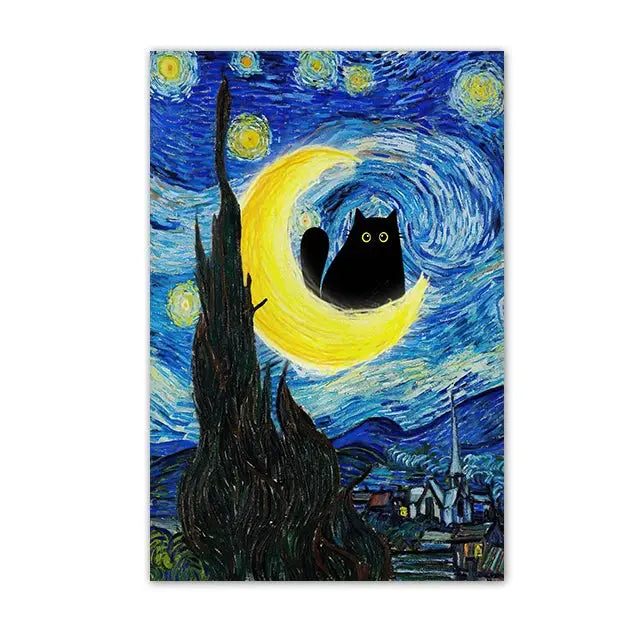 Funny Black Cat Wall Art Van Gogh Starry Night Poster Abstract Famous Reproduction Canvas Painting Aesthetic Room Home Decor June Wall Art