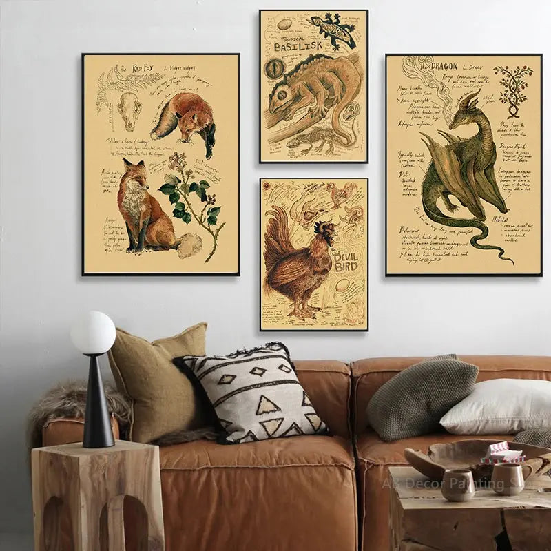 Retro Dragon//Fox/Dog/Wolf/Bird/Bear Posters Prints Nostalgic Animal Natural Study Vintage Home Room Art Wall Decor Painting June Wall Art