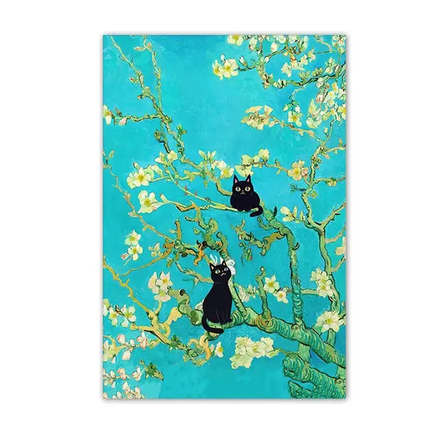 Funny Black Cat Wall Art Van Gogh Starry Night Poster Abstract Famous Reproduction Canvas Painting Aesthetic Room Home Decor June Wall Art