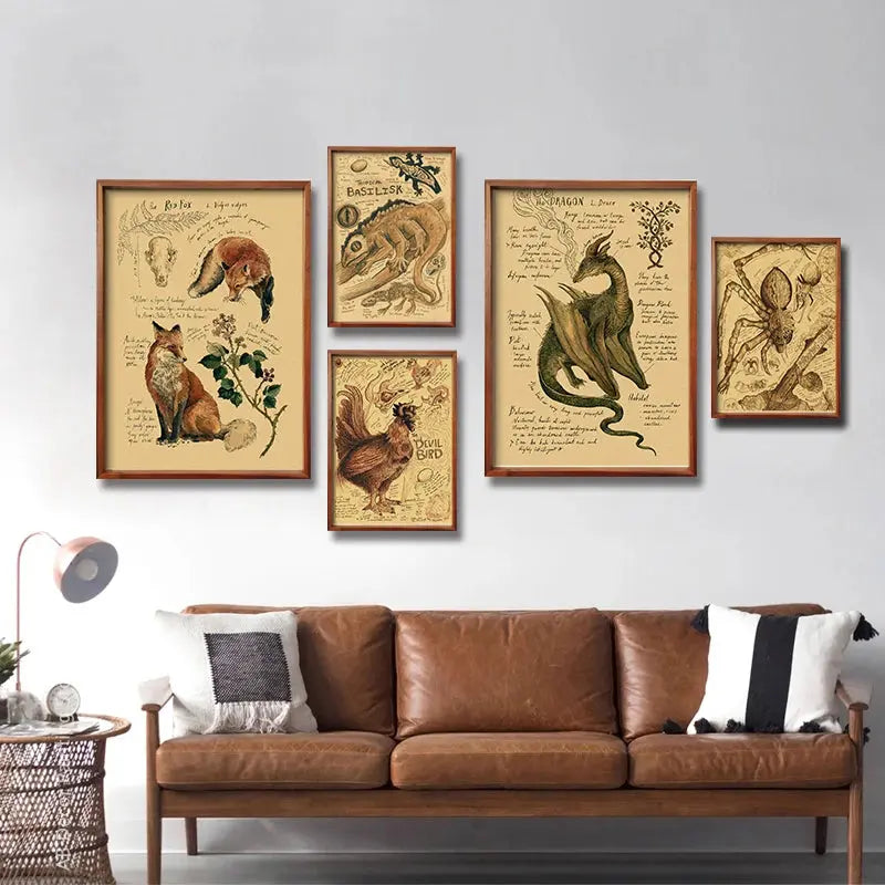 Retro Dragon//Fox/Dog/Wolf/Bird/Bear Posters Prints Nostalgic Animal Natural Study Vintage Home Room Art Wall Decor Painting June Wall Art