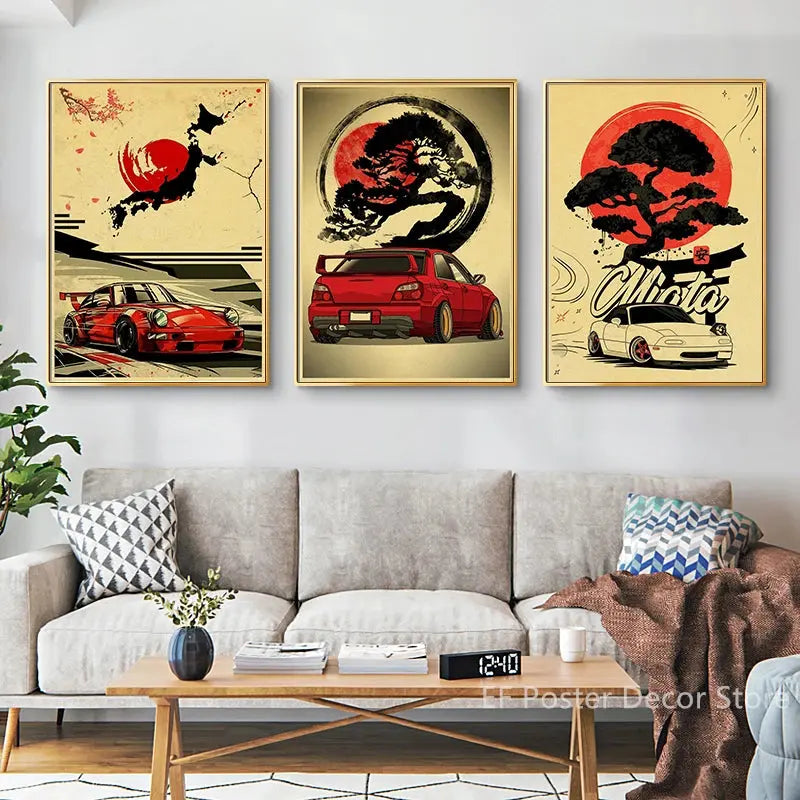 Japanese Cars Samurai Poster Painting Japan Racing Home Club Decor Wall Picture Vintage Aesthetic Jdm Car Gtr Anime Moon Printis June Wall Art