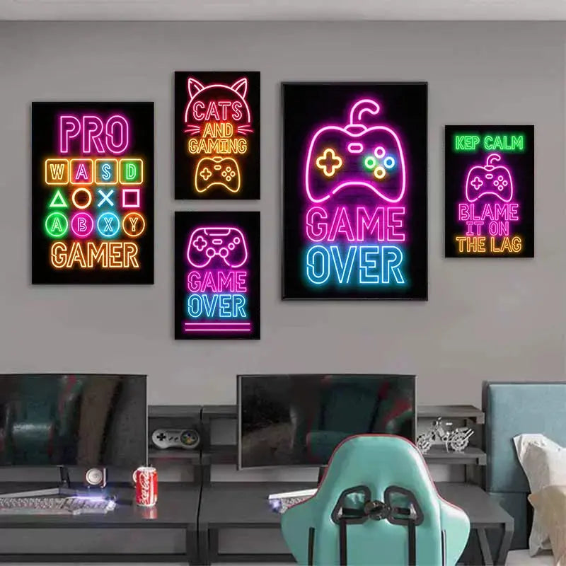 Neon Art Happy Gaming Zone Games Room Poster Print Canvas Painting Gamer Office Wall Art For Boy Bedroom Home Decor No LED June Wall Art