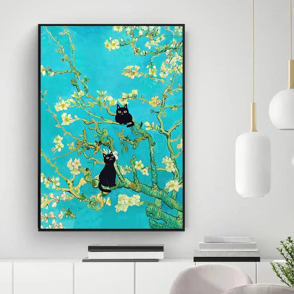 Funny Black Cat Wall Art Van Gogh Starry Night Poster Abstract Famous Reproduction Canvas Painting Aesthetic Room Home Decor June Wall Art
