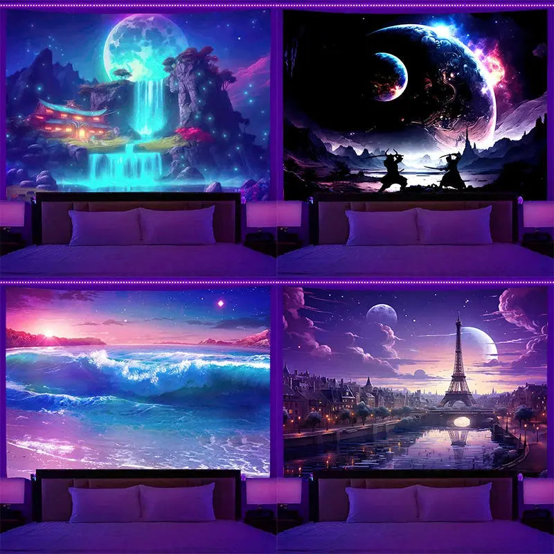 Fluorescent wall hanging fantasy starry sky planet city scenery tapestry art background cloth bedroom room home decoration June Wall Art