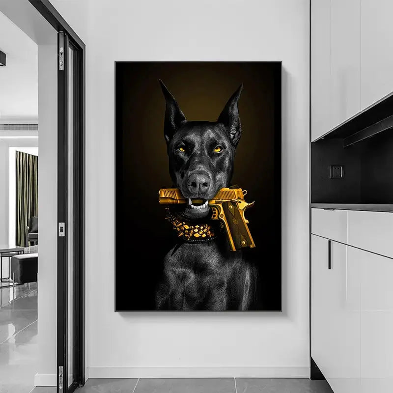 Fashion Black Doberman Dog Lion With A Pistol Poster Canvas Painting Luxury Animal Wall Art Picture For Living Room Home Decor June Wall Art