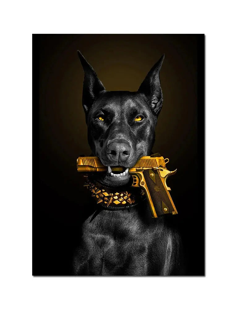 Fashion Black Doberman Dog Lion With A Pistol Poster Canvas Painting Luxury Animal Wall Art Picture For Living Room Home Decor June Wall Art