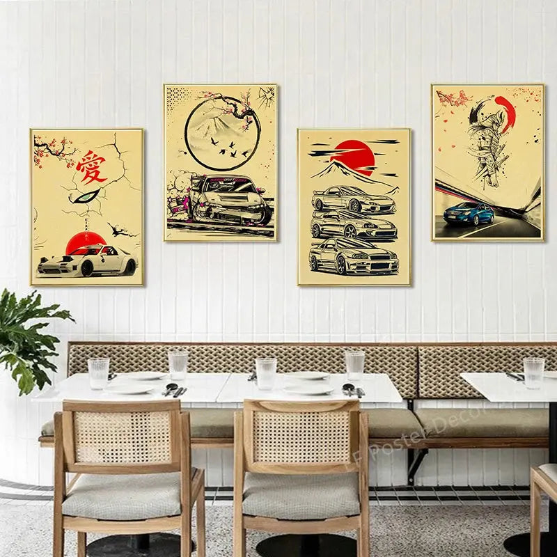 Japanese Cars Samurai Poster Painting Japan Racing Home Club Decor Wall Picture Vintage Aesthetic Jdm Car Gtr Anime Moon Printis June Wall Art