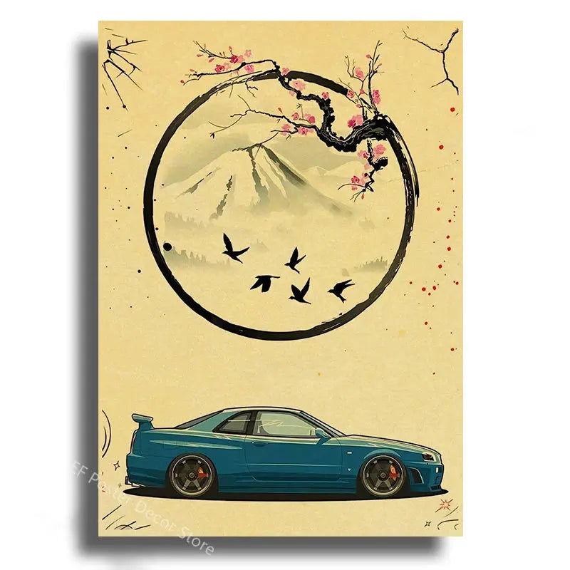 Japanese Cars Samurai Poster Painting Japan Racing Home Club Decor Wall Picture Vintage Aesthetic Jdm Car Gtr Anime Moon Printis June Wall Art