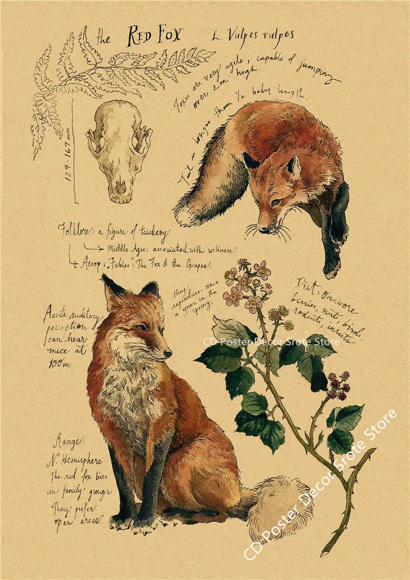 Natural Study Red Fox/Dragon/Elephant/Phoenix/Thestral/Wolf/Hare Poster Prints Kraft Paper Vintage Home Room Decor Wall Painting June Wall Art