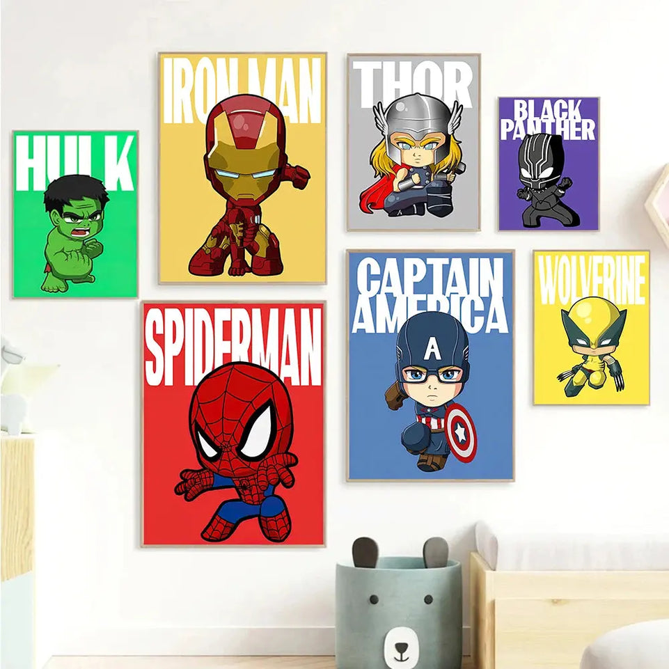 MINISO Marvel Wall Art Posters SpiderMan Iron Man Avengers Superhero Disney Kid Room Decor Cartoon Canvas Painting Picture Print June Wall Art