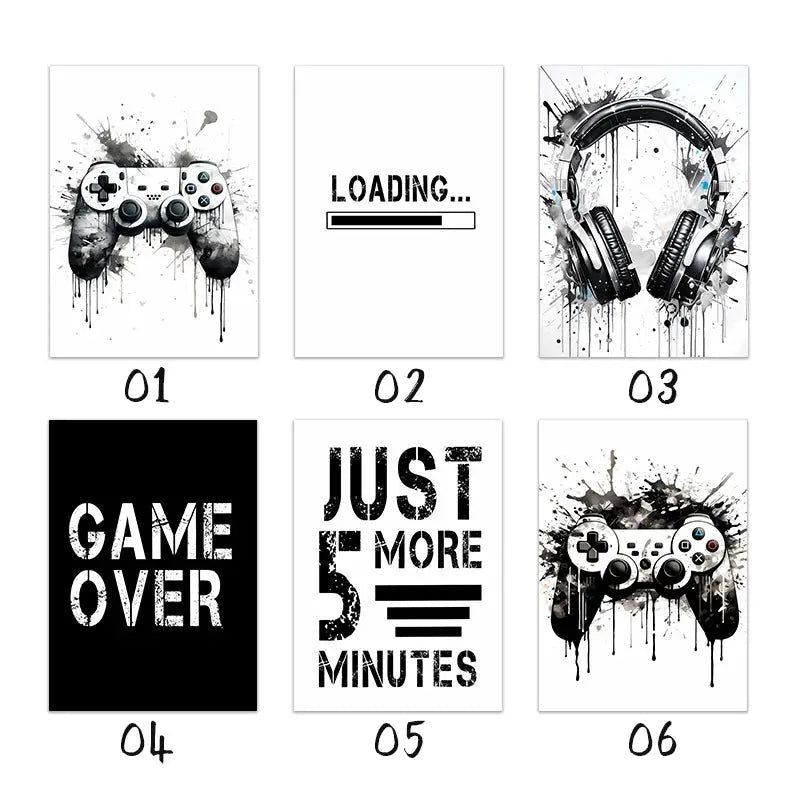 Black White Game Controller Wall Art Posters and Prints Canvas Paintings Mural Pictures for Playroom Decor Gaming Players Gift June Wall Art