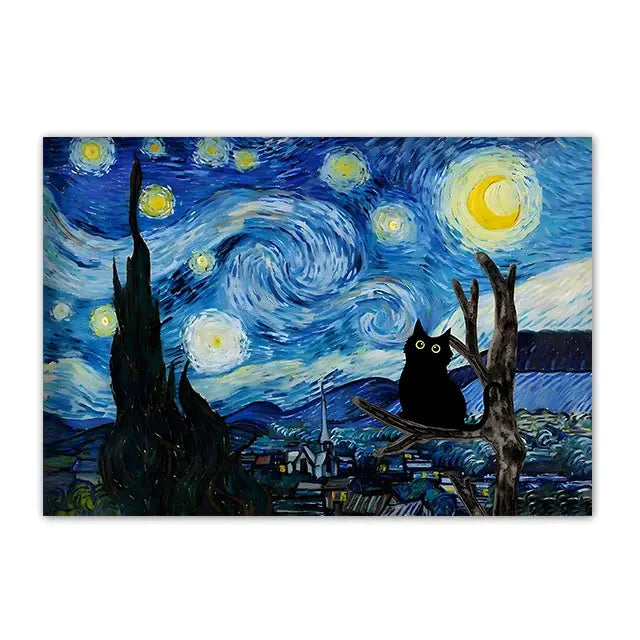 Funny Black Cat Wall Art Van Gogh Starry Night Poster Abstract Famous Reproduction Canvas Painting Aesthetic Room Home Decor June Wall Art
