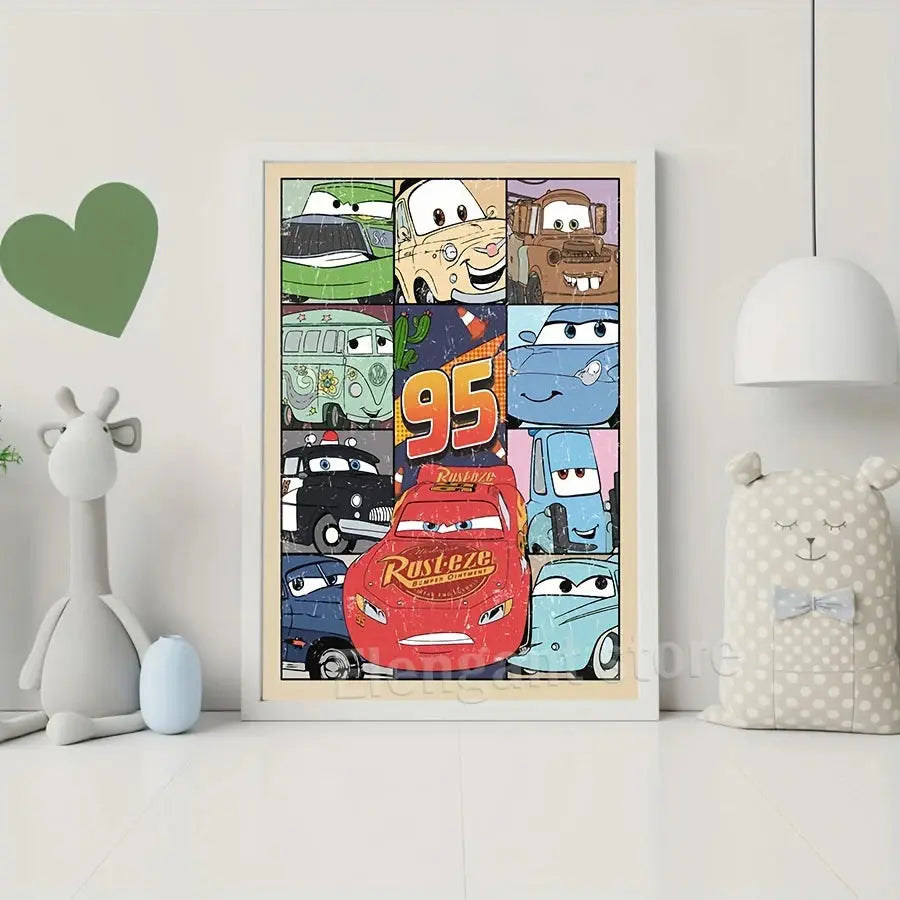 Cars Characters Lightning McQueen Art Prints Cars Movie Poster Vintage Cars Canvas Painting Boys Room Wall Picture Nursery Decor June Wall Art