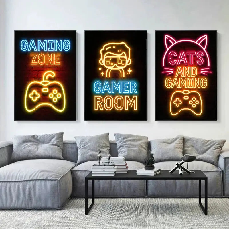 Neon Art Happy Gaming Zone Games Room Poster Print Canvas Painting Gamer Office Wall Art For Boy Bedroom Home Decor No LED June Wall Art