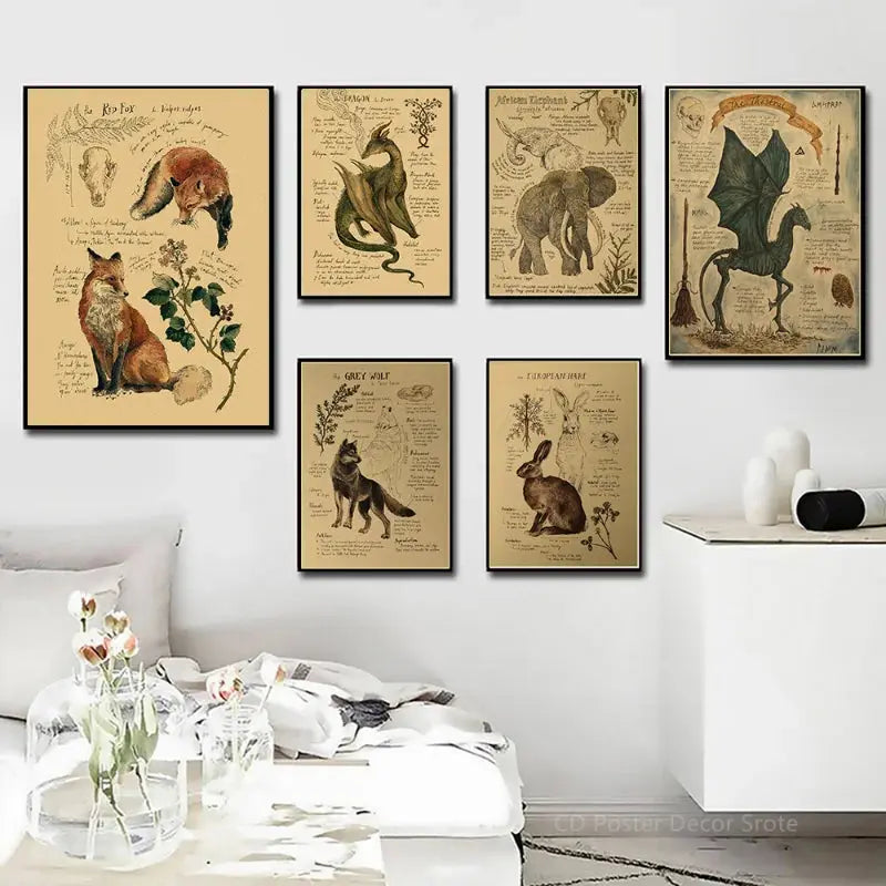 Natural Study Red Fox/Dragon/Elephant/Phoenix/Thestral/Wolf/Hare Poster Prints Kraft Paper Vintage Home Room Decor Wall Painting June Wall Art