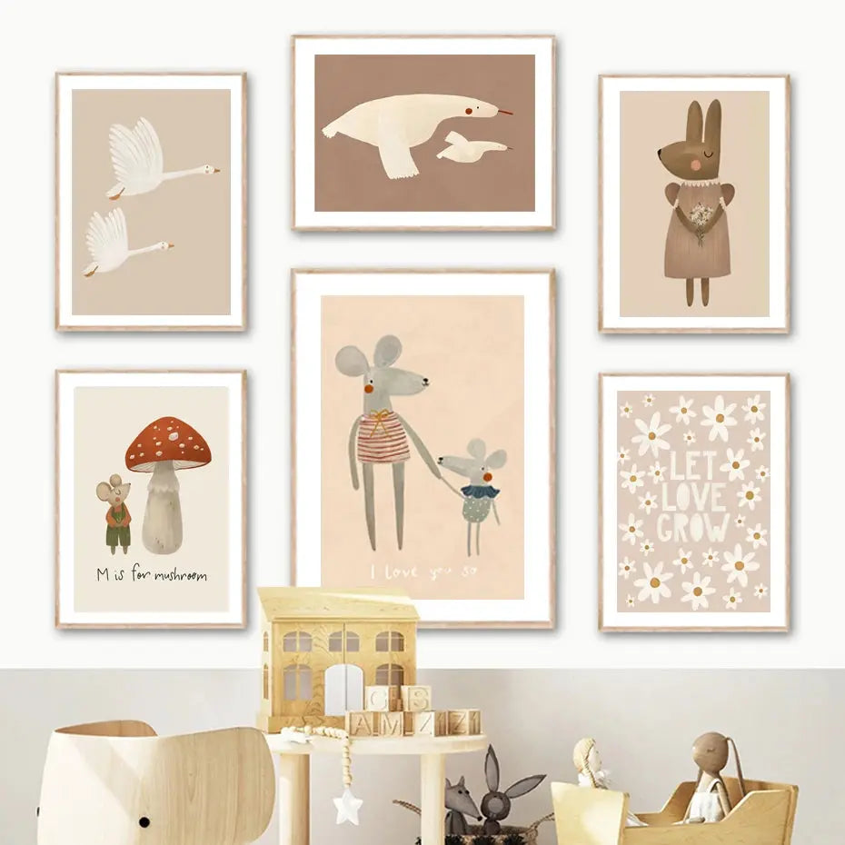 Boho Cartoon Rabbit Mouse Goose Nursery Wall Art Canvas Painting Nordic Retro Poster Prints Wall Picture Baby Kids Room Decor June Wall Art