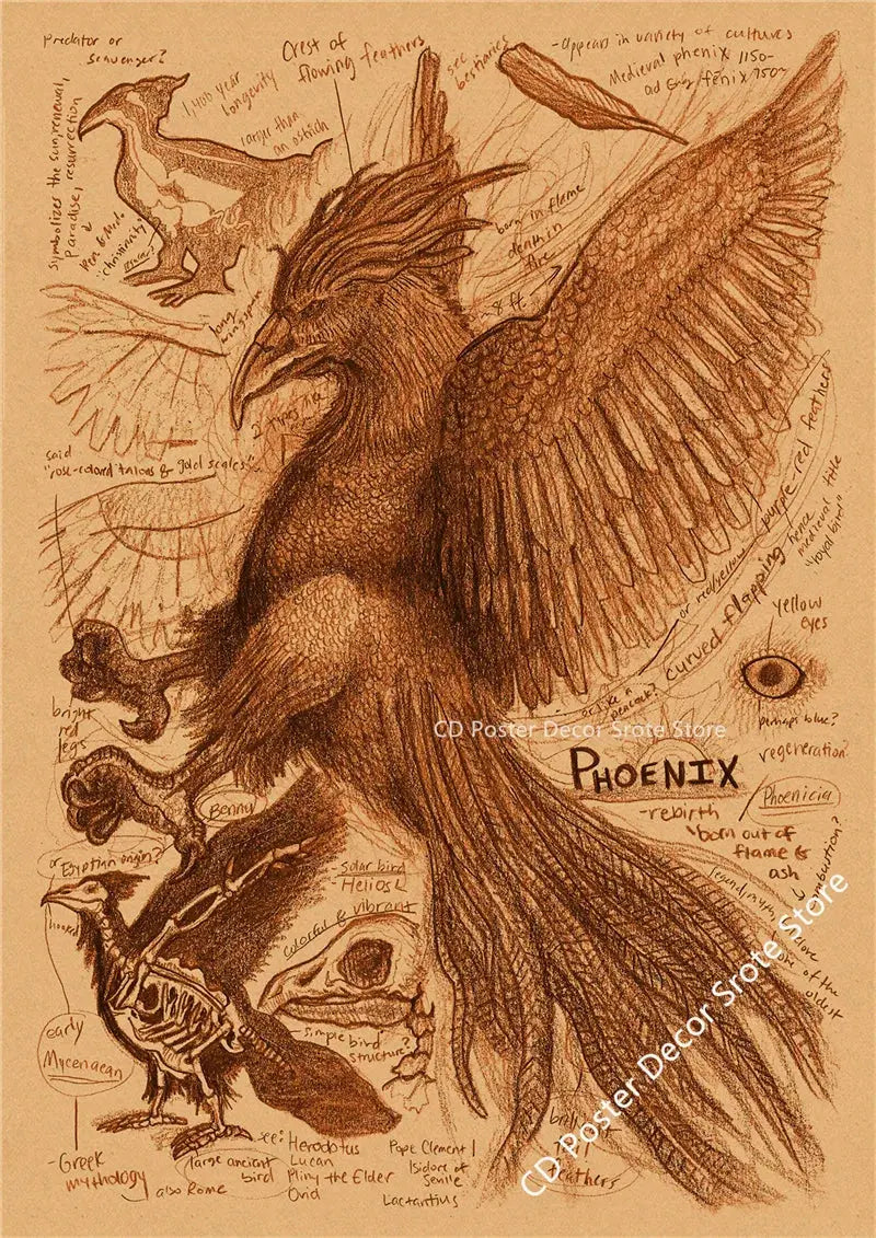 Natural Study Red Fox/Dragon/Elephant/Phoenix/Thestral/Wolf/Hare Poster Prints Kraft Paper Vintage Home Room Decor Wall Painting June Wall Art