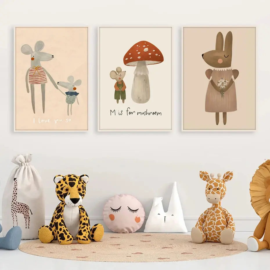 Boho Cartoon Rabbit Mouse Goose Nursery Wall Art Canvas Painting Nordic Retro Poster Prints Wall Picture Baby Kids Room Decor June Wall Art