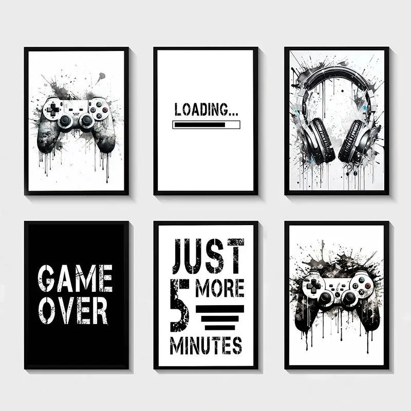 Black White Game Controller Wall Art Posters and Prints Canvas Paintings Mural Pictures for Playroom Decor Gaming Players Gift June Wall Art