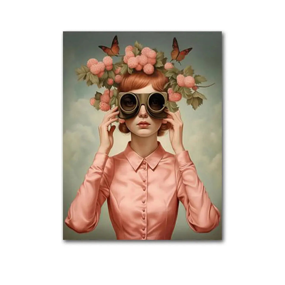 Nordic Boho Fashion Glasses Woman With Flowers Wall Art Canvas Painting Butterfly With Girl Portrait Poster Prints Mural Picture June Wall Art