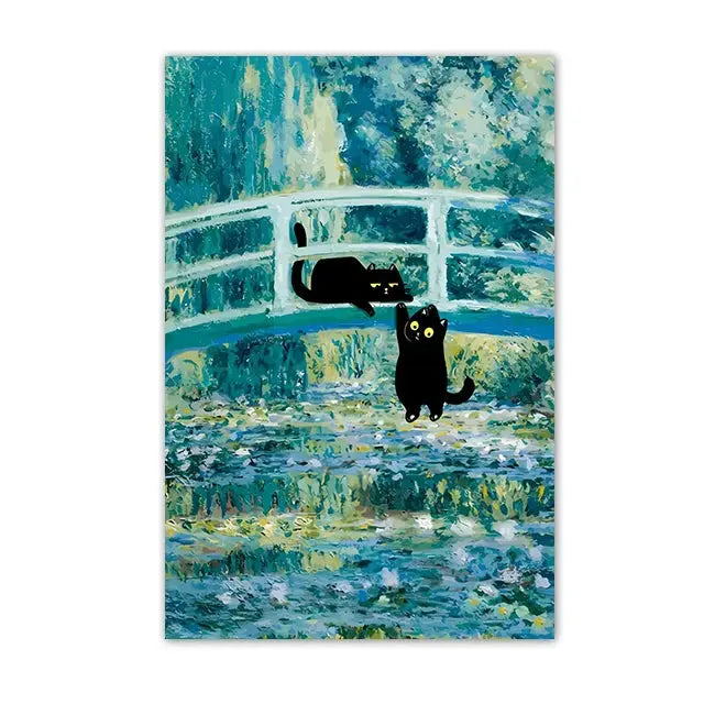 Funny Black Cat Wall Art Van Gogh Starry Night Poster Abstract Famous Reproduction Canvas Painting Aesthetic Room Home Decor June Wall Art