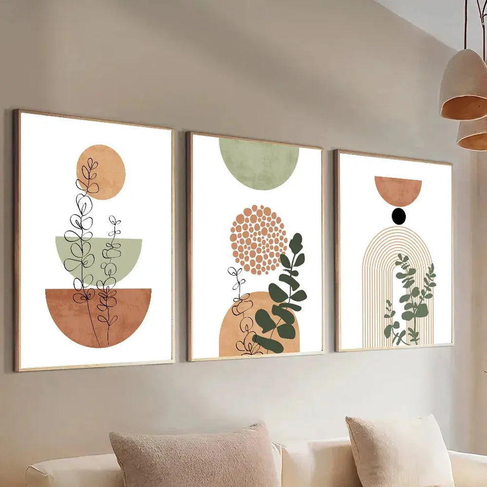 3pcs Modern Boho Abstract Shape Plant Poster Print Mid Century Bohemian Style Geometry Botanical Art Painting Wall Decor Picture June Wall Art