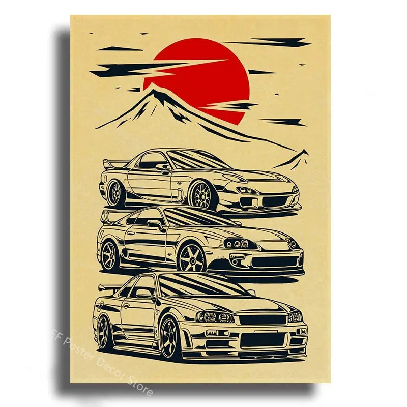 Japanese Cars Samurai Poster Painting Japan Racing Home Club Decor Wall Picture Vintage Aesthetic Jdm Car Gtr Anime Moon Printis June Wall Art