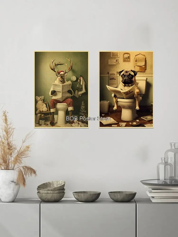 Animal Bathroom Toilet Funny Poster Kraft Paper Cat Dog Frog Art Home Decor Picture DIY Toilet Room Painting Wall Sticker Gift June Wall Art