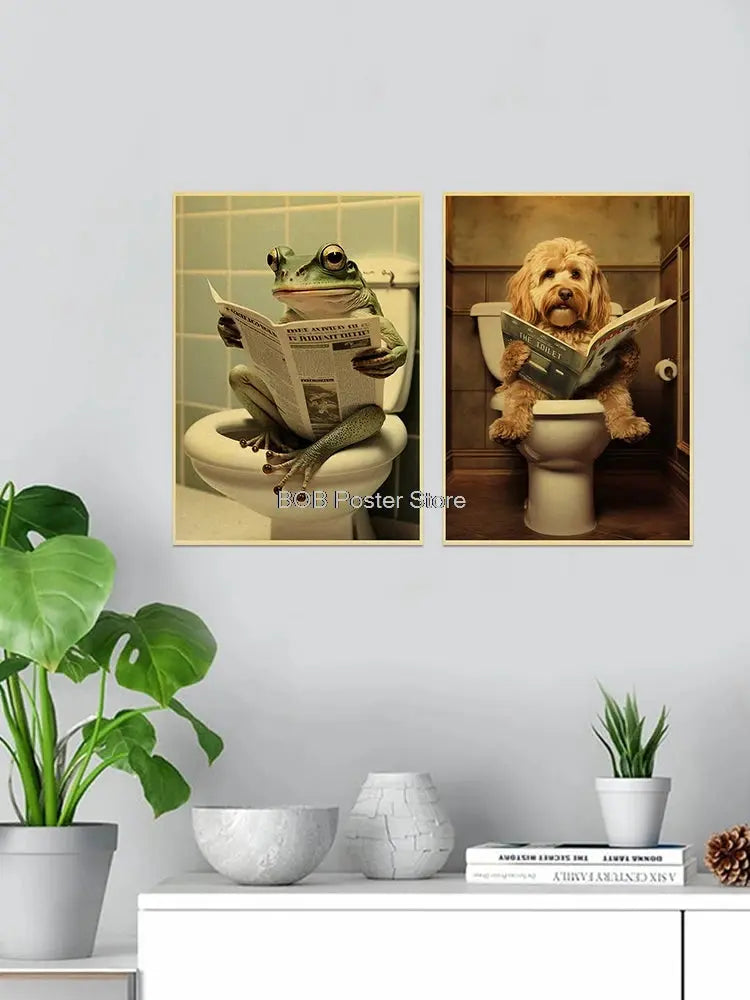Animal Bathroom Toilet Funny Poster Kraft Paper Cat Dog Frog Art Home Decor Picture DIY Toilet Room Painting Wall Sticker Gift June Wall Art